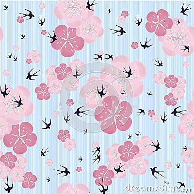 Seamless sakura flowers background, pink blooming on blue, swallow design element Vector Illustration